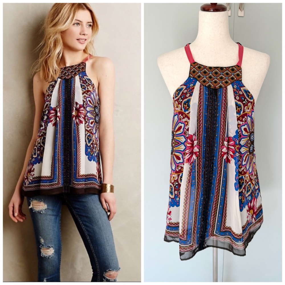 Anthropologie Multicolor Floral Halter Tank Top - Blue, White, Pink, Brown
